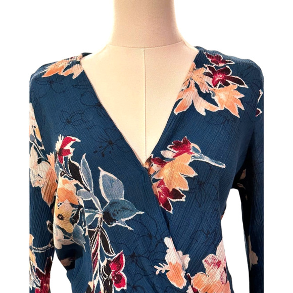 Lulus Teal Green Floral V Neck Faux Wrap Long Sleeve Romper Medium - Picture 2 of 10